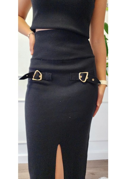 80127 Aksesuar Detaylı Yırtmaçlı Triko Etek