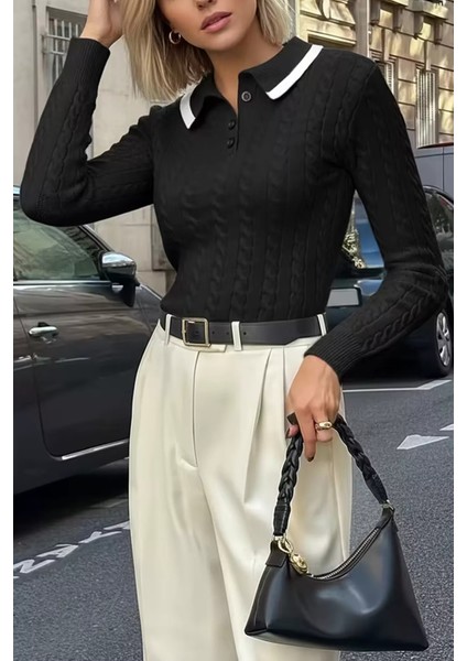 Polo Yaka Yarım Düğmeli Kadın Triko Kazak P-00018295