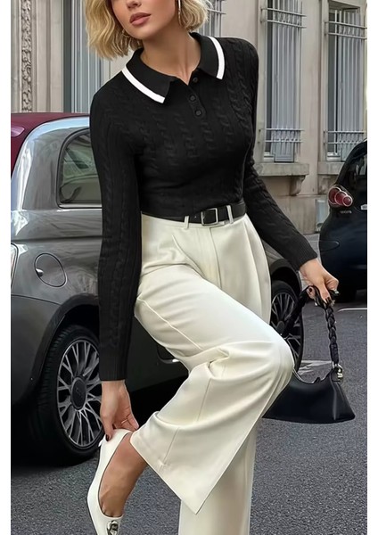 Polo Yaka Yarım Düğmeli Kadın Triko Kazak P-00018295 fiyatları