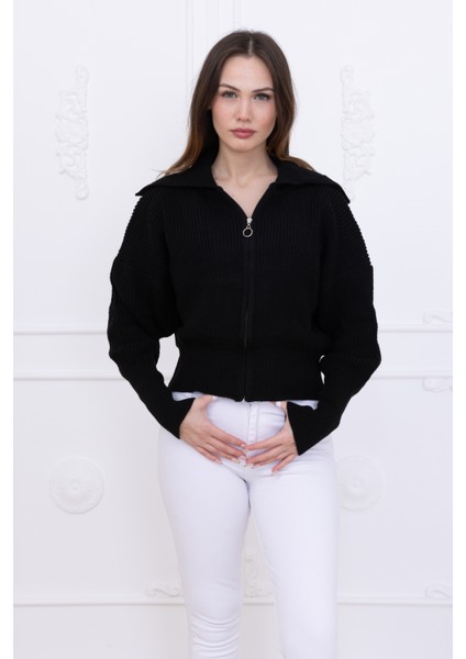 Kadın Balıkçı Yaka Fermuarlı Triko Hırka