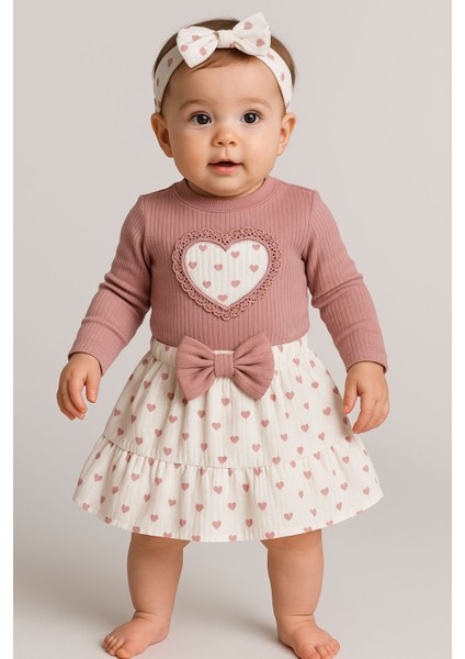 Kız Bebek Minik Kalp Detaylı Etekli Body BANDANA3LÜ Kız Bebek Set fiyatları