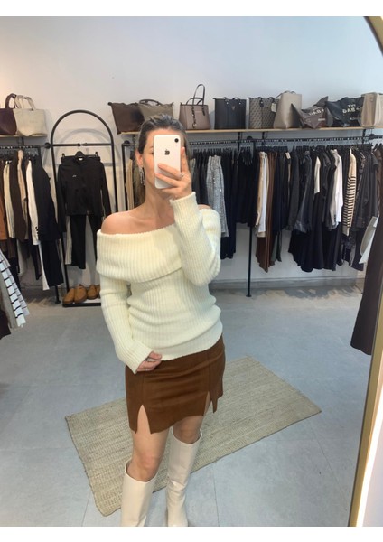 Madonna Yaka Yumuşak Doku Ekru Kadın Kazak modelleri