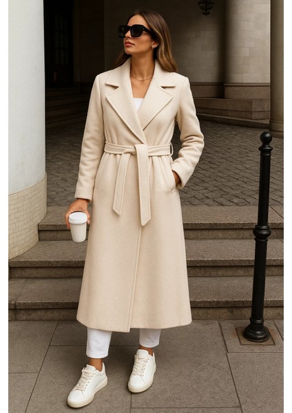 Kadın Kışlık Kuşaklı Uzun Kruvaze Krem Kaşe Kaban