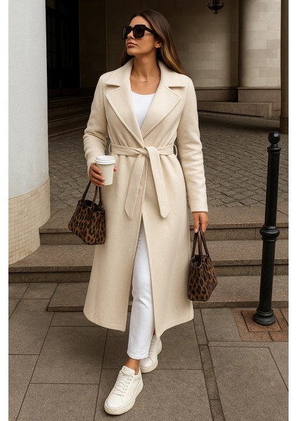 Kadın Kışlık Kuşaklı Uzun Kruvaze Krem Kaşe Kaban fiyatları