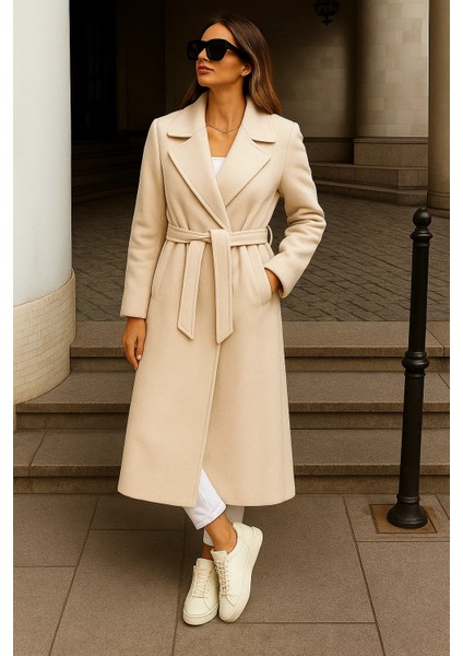 Kadın Kışlık Kuşaklı Uzun Kruvaze Krem Kaşe Kaban modelleri