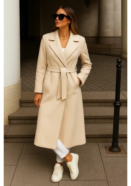 Kadın Kışlık Kuşaklı Uzun Kruvaze Krem Kaşe Kaban fırsatları