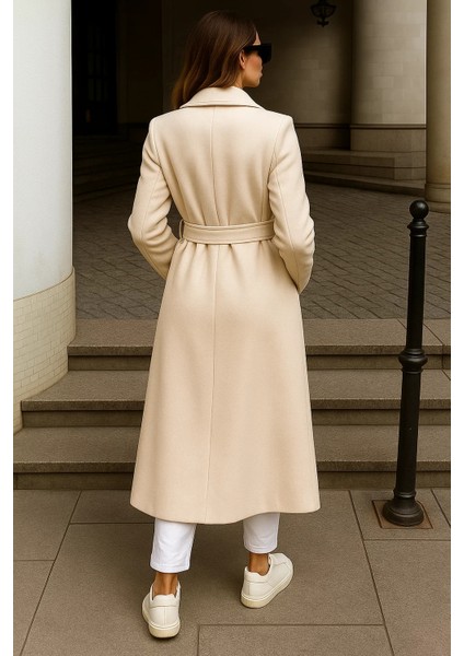 Kadın Kışlık Kuşaklı Uzun Kruvaze Krem Kaşe Kaban