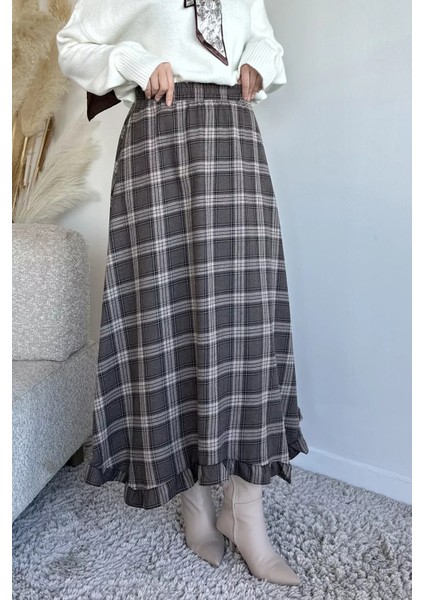 Bel Lastikli Ekose Desenli Tesettür Etek P-00019576