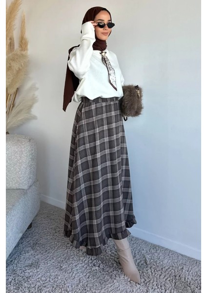 Bel Lastikli Ekose Desenli Tesettür Etek P-00019576 fiyatları