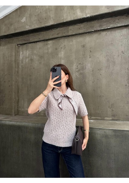 Yakası Fularlı Örgü Desen Kısa Kol Bej Triko Kadın Kazak fiyatları