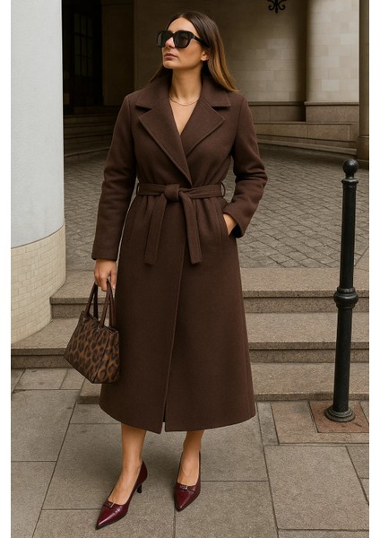 Kadın Kışlık Kuşaklı Uzun Kruvaze Kahve Kaşe Kaban