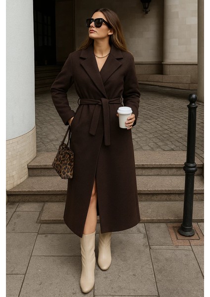 Kadın Kışlık Kuşaklı Uzun Kruvaze Kahve Kaşe Kaban fiyatları