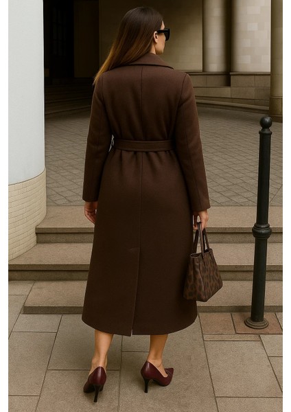 Kadın Kışlık Kuşaklı Uzun Kruvaze Kahve Kaşe Kaban indirimleri