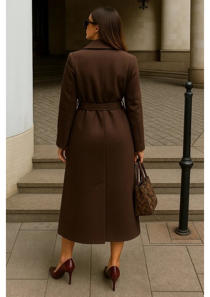 Kadın Kışlık Kuşaklı Uzun Kruvaze Kahve Kaşe Kaban