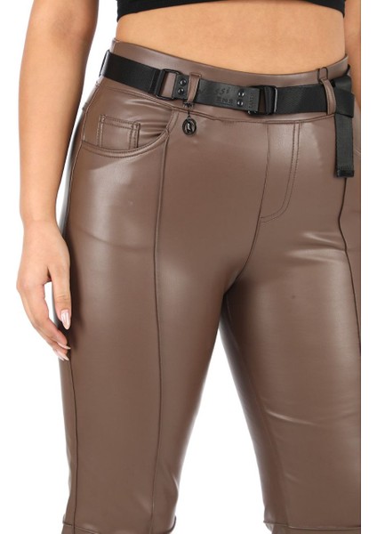 Büyük Beden Toparlayıcı Kemerli Yüksek Bel Boru Paça Deri Kadın Pantolon fiyatları