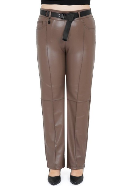 Büyük Beden Toparlayıcı Kemerli Yüksek Bel Boru Paça Deri Kadın Pantolon indirimleri