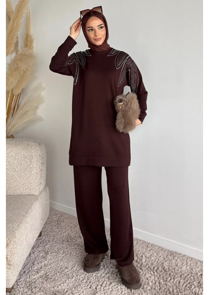 Bisiklet Yaka Taş Işlemeli Tunik Bel Lastikli Pantolon Tesettür Ikili Takım P-00019653