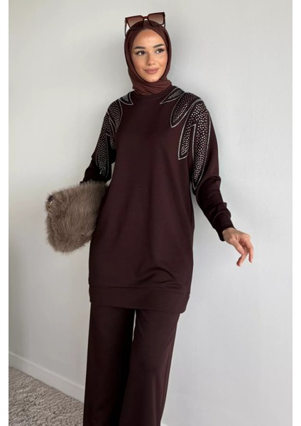 Bisiklet Yaka Taş Işlemeli Tunik Bel Lastikli Pantolon Tesettür Ikili Takım P-00019653 modelleri