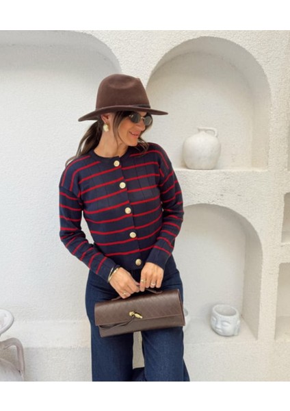 Lacivert - Kırmızı Çizgili Gold Düğme Detaylı Çelik Örme Triko Hırka