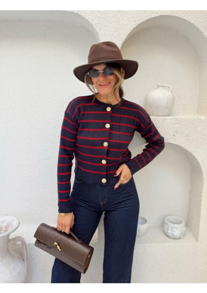 Lacivert - Kırmızı Çizgili Gold Düğme Detaylı Çelik Örme Triko Hırka fiyatları