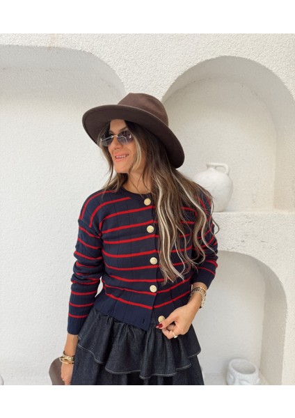 Lacivert - Kırmızı Çizgili Gold Düğme Detaylı Çelik Örme Triko Hırka modelleri