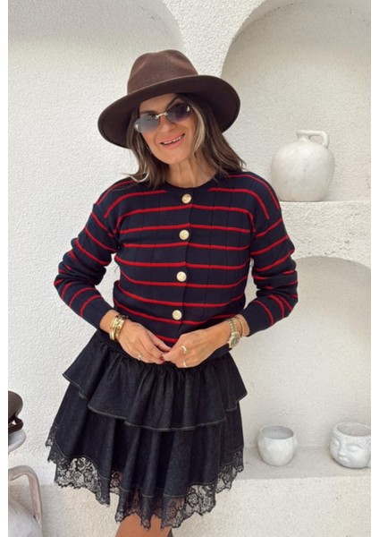 Lacivert - Kırmızı Çizgili Gold Düğme Detaylı Çelik Örme Triko Hırka fırsatları