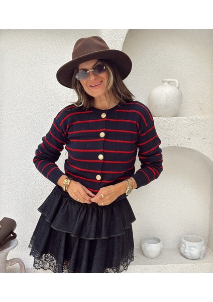 Lacivert - Kırmızı Çizgili Gold Düğme Detaylı Çelik Örme Triko Hırka indirimleri
