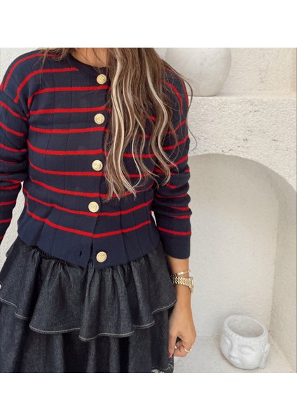 Lacivert - Kırmızı Çizgili Gold Düğme Detaylı Çelik Örme Triko Hırka