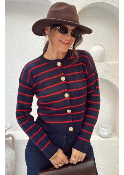 Lacivert - Kırmızı Çizgili Gold Düğme Detaylı Çelik Örme Triko Hırka
