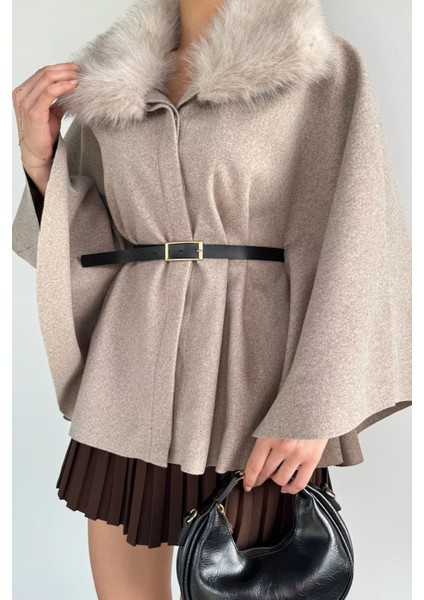 Yaka Kürk Detaylı Kemerli Kadın Panço P-00018918 fiyatları