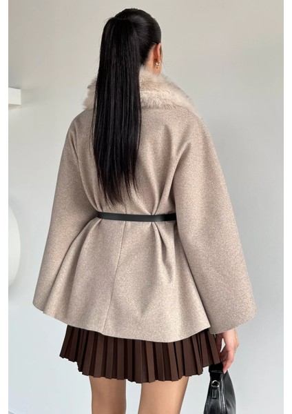 Yaka Kürk Detaylı Kemerli Kadın Panço P-00018918 fırsatları