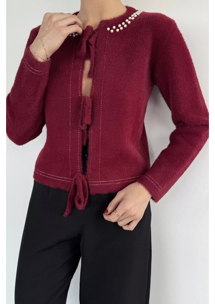 Kadın Ön Bağlamalı Inci Detaylı Yumoş Triko Ceket (S-M-L Uyumludur) P-00018059