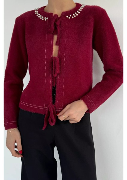 Kadın Ön Bağlamalı Inci Detaylı Yumoş Triko Ceket (S-M-L Uyumludur) P-00018059 modelleri