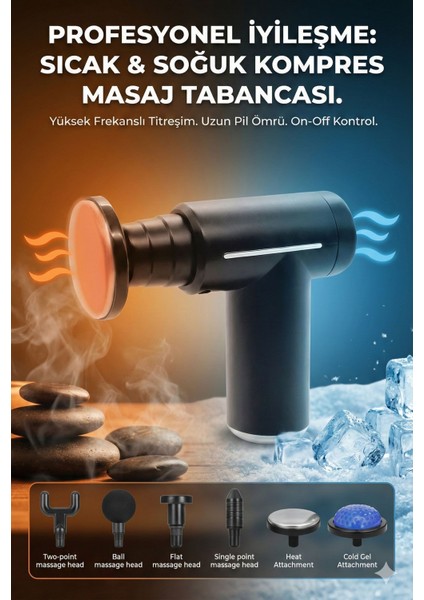 Şarjlı Masaj Tabancası - Boyun Sırt ve Kas Ağrıları Için Sıcak Soğuk Başlıklı Masaj Aleti - Sporcu Masaj Gun