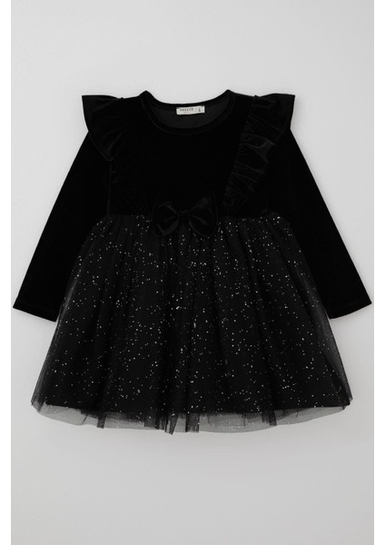 Kız Çocuk Uzun Kollu Kadife Elbise Fiyonk Aksesuarlı Tülü Detaylı 3-8 Yaş, Siyah