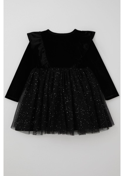 Kız Çocuk Uzun Kollu Kadife Elbise Fiyonk Aksesuarlı Tülü Detaylı 3-8 Yaş, Siyah fiyatları