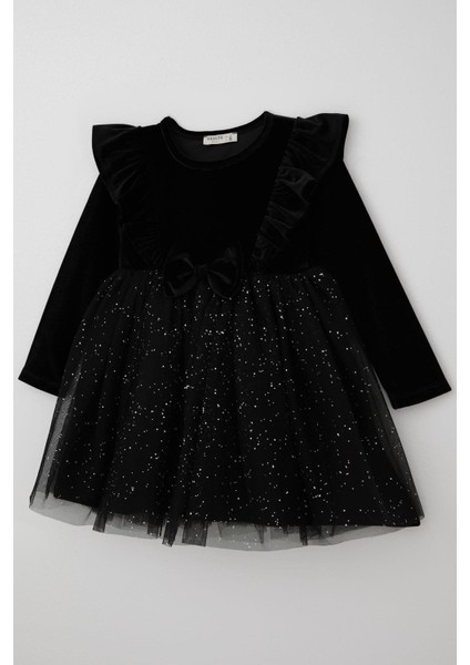 Kız Çocuk Uzun Kollu Kadife Elbise Fiyonk Aksesuarlı Tülü Detaylı 3-8 Yaş, Siyah modelleri
