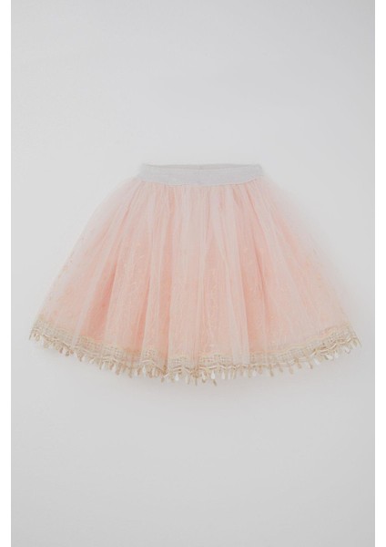 Kız Çocuk Tütü Etek Narin Tomurcuk Nakışlı Simli 1.5-9 Yaş, Somon