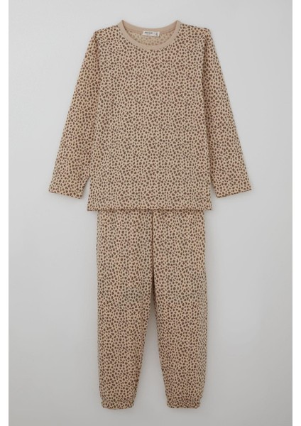 Kız Çocuk Pijama Takımı Leopar Desenli 4-8 Yaş, Bej