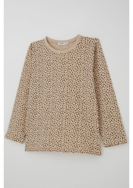 Kız Çocuk Pijama Takımı Leopar Desenli 4-8 Yaş, Bej