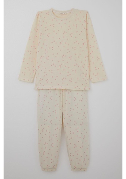 Kız Çocuk Pijama Takımı Çiçek Desenli 4-8 Yaş, Krem