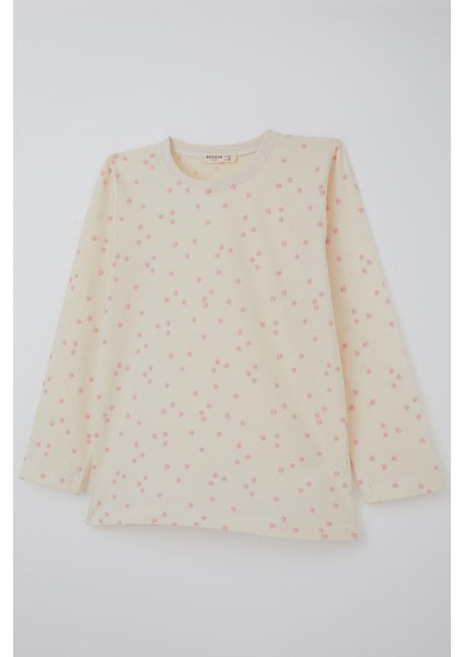Kız Çocuk Pijama Takımı Çiçek Desenli 4-8 Yaş, Krem