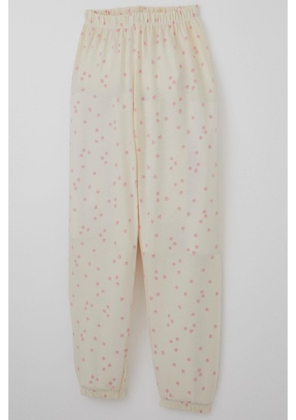 Kız Çocuk Pijama Takımı Çiçek Desenli 4-8 Yaş, Krem