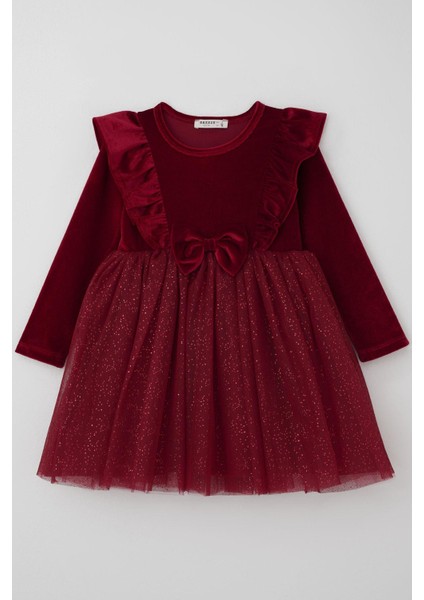 Kız Çocuk Uzun Kollu Kadife Elbise Fiyonk Aksesuarlı Tülü Detaylı 3-8 Yaş, Bordo