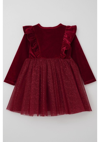 Kız Çocuk Uzun Kollu Kadife Elbise Fiyonk Aksesuarlı Tülü Detaylı 3-8 Yaş, Bordo fiyatları