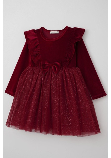 Kız Çocuk Uzun Kollu Kadife Elbise Fiyonk Aksesuarlı Tülü Detaylı 3-8 Yaş, Bordo modelleri