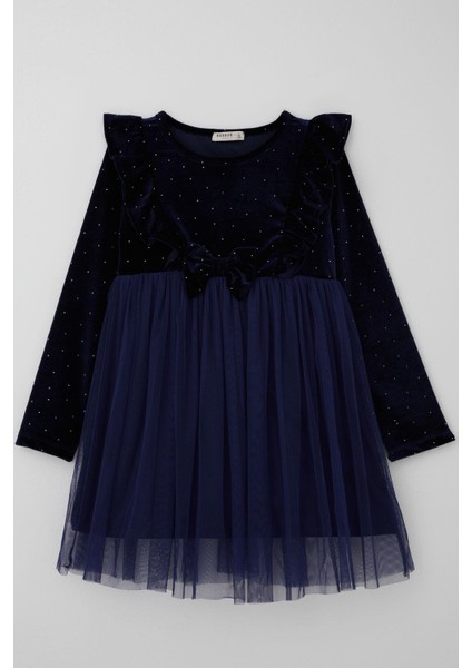 Kız Çocuk Uzun Kollu Kadife Elbise Taş Aksesuar Detaylı Tüllü 4-8 Yaş, Lacivert