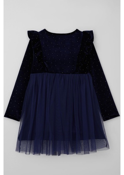 Kız Çocuk Uzun Kollu Kadife Elbise Taş Aksesuar Detaylı Tüllü 4-8 Yaş, Lacivert fiyatları