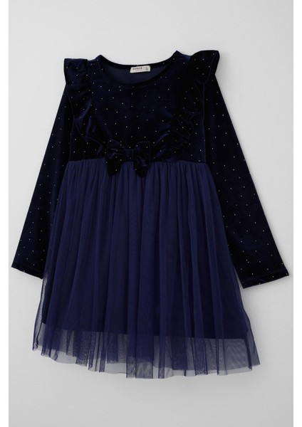 Kız Çocuk Uzun Kollu Kadife Elbise Taş Aksesuar Detaylı Tüllü 4-8 Yaş, Lacivert modelleri