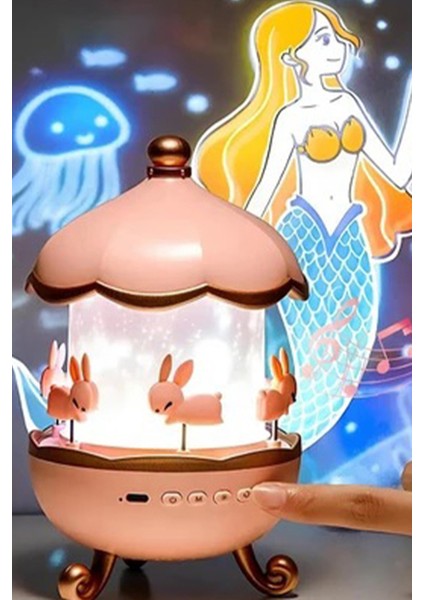 Gece Lambası Şeklinde Projektörlü Tavşanlı Atlı Karınca Şarkı Masal Ninni Renkli Işıklar